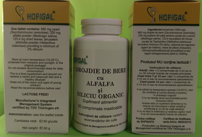 DROJDIE DE BERE cu Alfalfa si Siliciu organic, 60 comprimate masticabile, Hofigal [3]