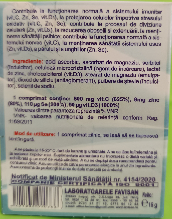 FaviImun Vitamina C, Zinc, Seleniu si Vitamina D3 20 comprimate pentru supt Favisan [2]