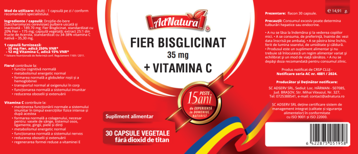 FIER (bisglicinat) 35 mg + VITAMINA C, AdNatura  la Nana Plafar [3]