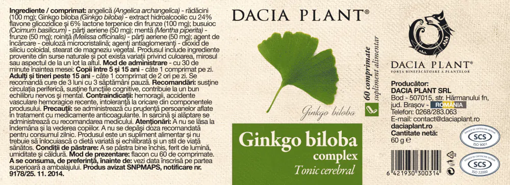 GINKGO BILOBA 100mg, TONIC CEREBRAL, Dacia Plant [2]