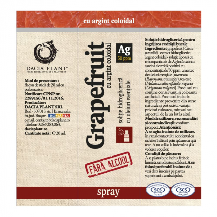 SPRAY INGRIJIRE CAVITATE BUCALA Grapefruit cu Argint Coloidal fara alcool 20 ml, Dacia Plant [2]