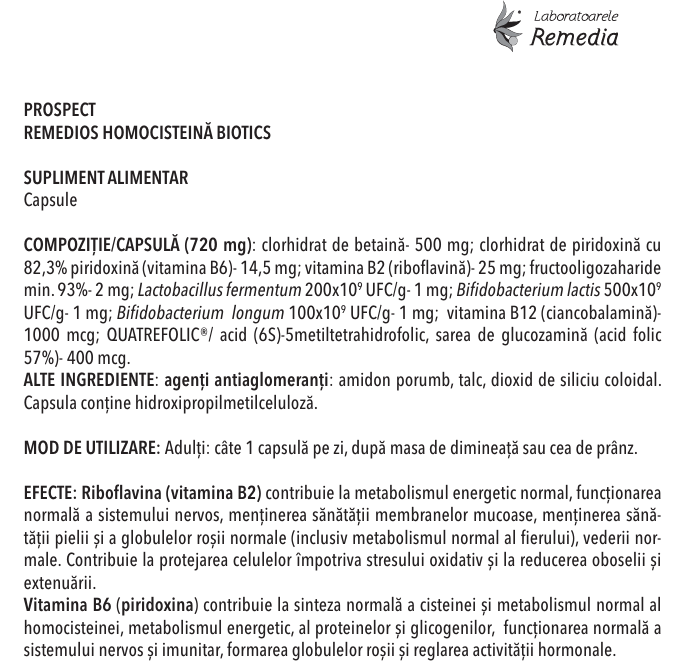 HOMOCISTEINA Biotics Remedios, 30 capsule, Remedia la nana Plafar [2]