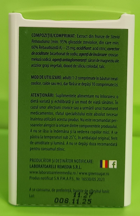 INDULCITOR GREEN SUGAR DISPENSER 300 comprimate Remedia la Nana Plafar [2]