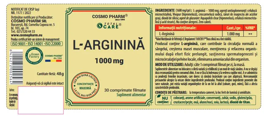 L-ARGININA 1000 mg, comprimate filmate, Cosmo Pharm [4]