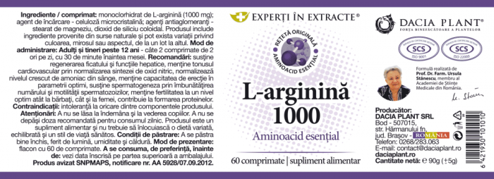 L-arginina 1000mg, 60 comprimate, Dacia Plant [2]