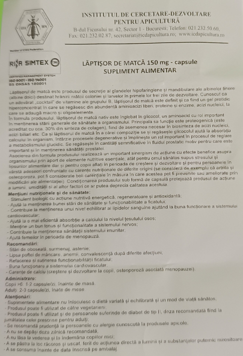 Laptisor de matca Pur-150mg, 30 capsule - Institutul Apicol  la nana plafar [5]