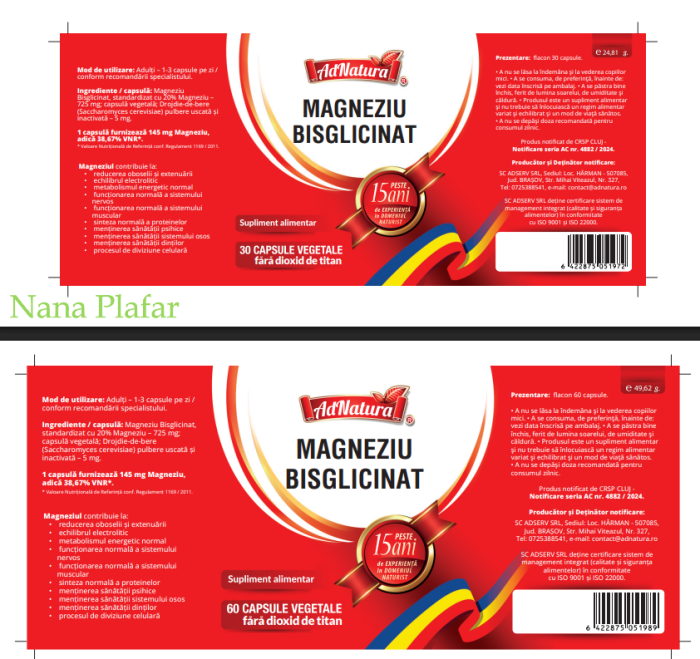 MAGNEZIU BISGLICINAT 145 MG AdNatura la Nana Plafar [3]