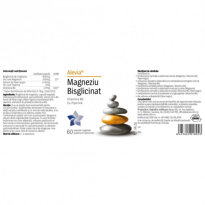 MAGNEZIU Bisglicinat 100mg cu Piperina și B6,  60 capsule, Alevia [2]