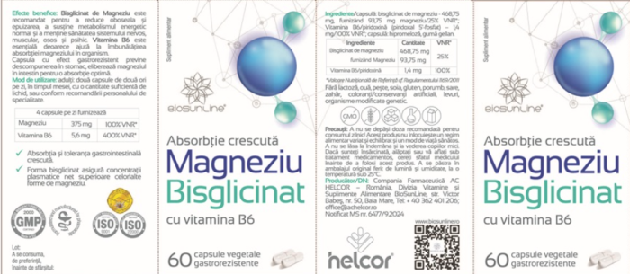 MAGNEZIU cu B6 60 capsule vegetale gastrorezistente, BioSunLine Helcor la Nana Plafar [3]