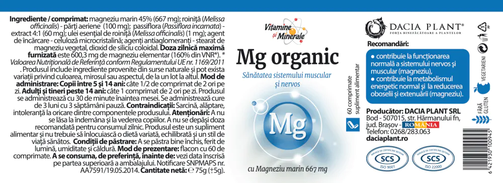 MAGNEZIU Organic, 667mg,  60 comprimate, Dacia Plant [2]