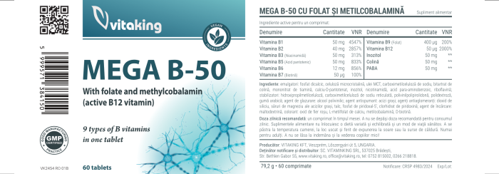 Mega B-50 cu Folat si Metilcobalamina - 60 comprimate, Vitaking [2]