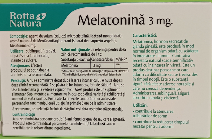 MELATONINA 3MG SUBLINGUALE absorbtie rapida, Rotta Natura la Nana Plafar [4]