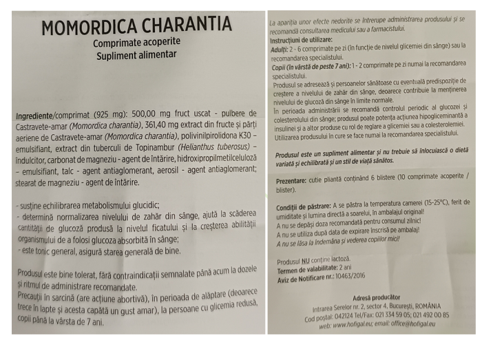 MOMORDICA CHARANTIA Castravete Amar 60 comprimate, Hofigal [2]