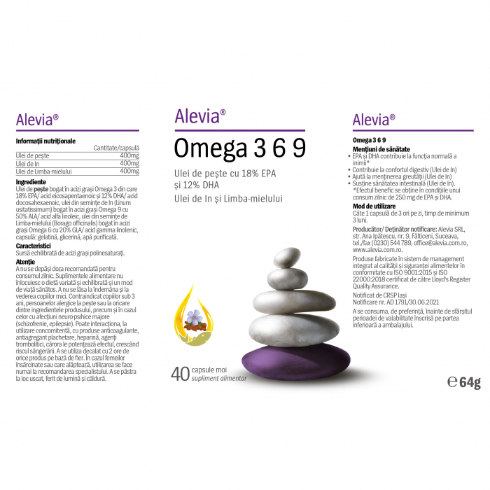OMEGA 3 6 9, (ulei de Peste, In si Limba-mielului) capsule moi, Alevia [2]