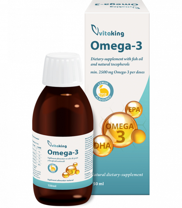 Omega 3 - ulei de peste cu gust de lamaie cu tocoferoli naturali 2500mg - 150 ml, Vitaking [1]