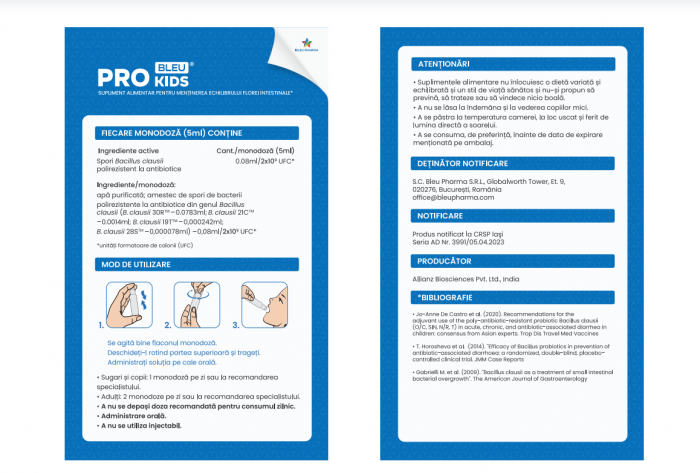PROBIOTIC pentru SUGARI COPII ADULTI  PRO KIDS BLEU 10 fiole x 5 ml, Bleu Pharma [2]