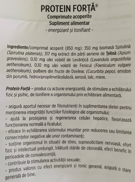 PROTEIN FORTA® Spirulina Telina Dovleac Fenicul Levantica, 60 comprimate,Hofigal [2]