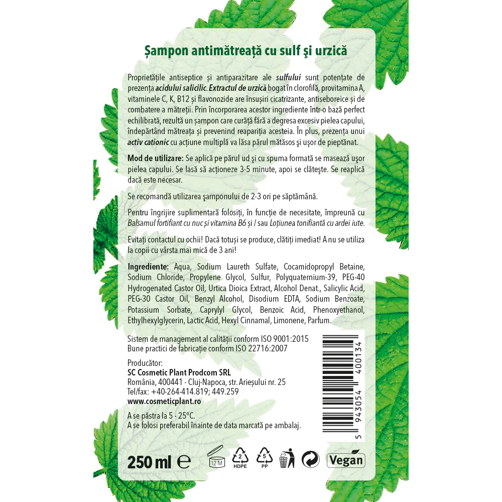SAMPON ANTIMATREATA cu SULF si URZICA, 250ml, Cosmetic Plant [2]