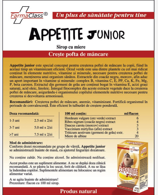SIROP CU MIERE si EXTRACTE VEGETALE APPETITE JUNIOR, de la 1 AN, 100ml FarmaClass [2]