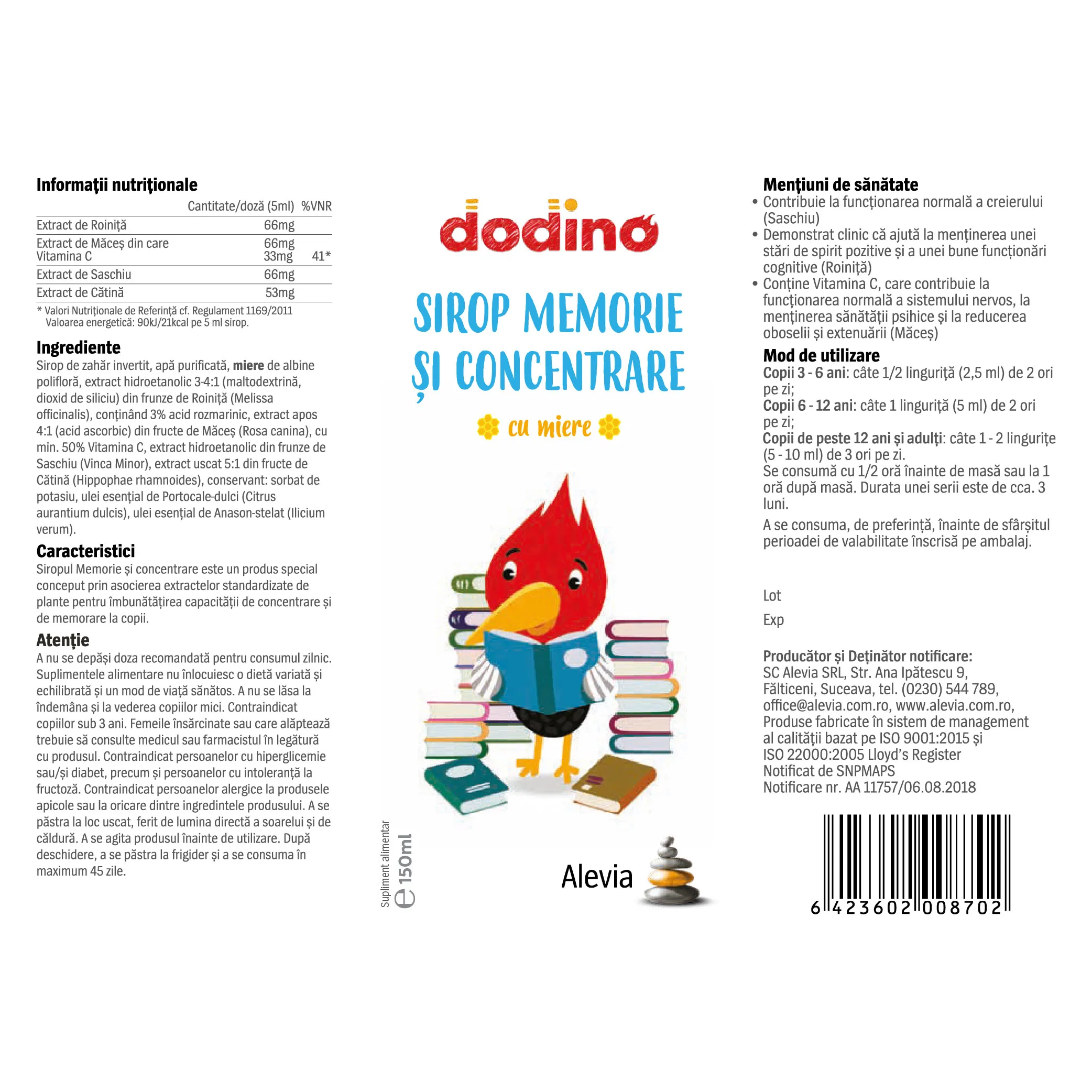 Sirop Memorie si concentrare Dodino, 150 ml, Alevia la Nana Plafar [2]