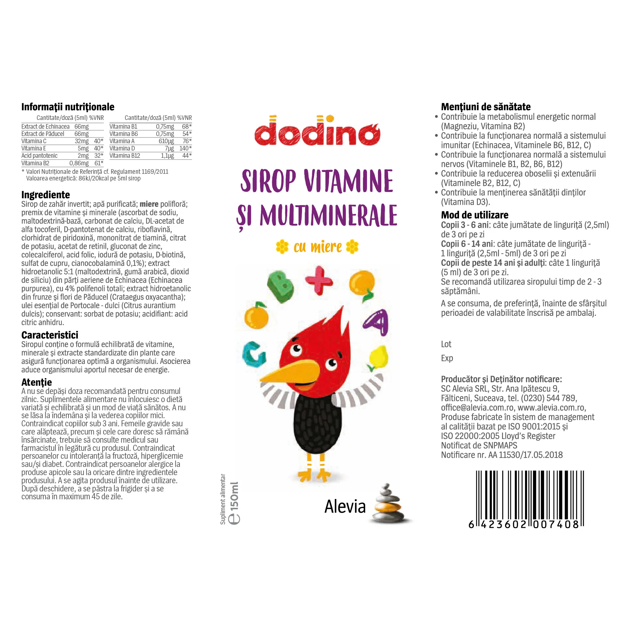 SIROP VITAMINE si MINERALE DODINO JUNIOR 150ml Alevia la Nana Plafar [6]