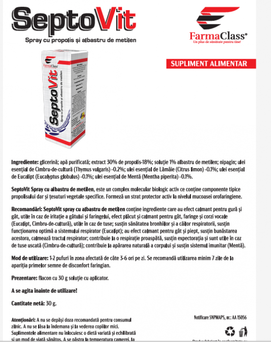 SPRAY OROFARINGIAN SEPTOVIT CU PROPOLIS SI ALBASTRU DE METILEN, 30ml, FarmaClass [2]