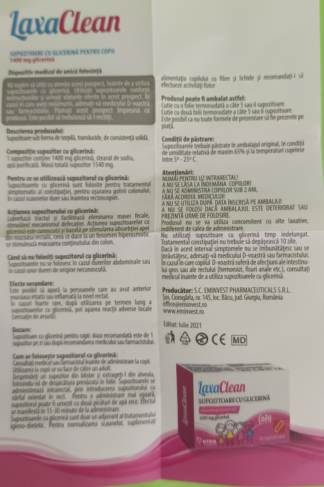 Supozitoare cu glicerina pentru copii LaxaClean, 10 bucati, Viva Pharma la Nana Plafar [3]