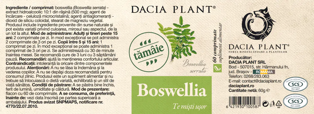 TAMAIE BOSWELLIA SERRATA 500mg, 60 comprimate, Dacia Plant [2]