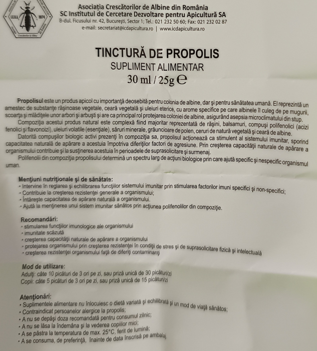 TINCTURA de PROPOLIS FORTE, 30ml, Institutul Apicol la Nana Plafar [3]