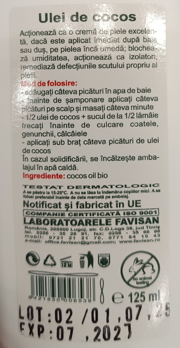 ULEI DE COCOS BIO  pentru fata si corp, 125 ml, Favisan la Nana Plafar [2]