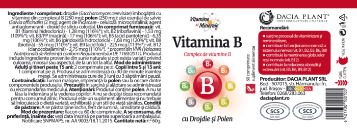 Vitamina B cu drojdie si polen, 60 comprimate, Dacia Plant [2]