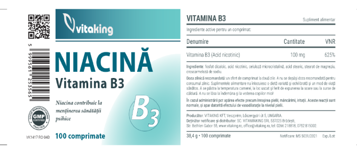Vitamina B3 (niacina) 100mg - 100 comprimate, Vitaking [2]