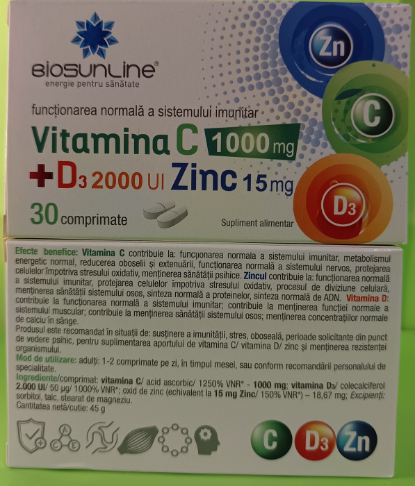 Vitamina C 1000 mg + D3 2000 UI + Zinc 15 mg, 30 comprimate, BioSunLine Helcor la Nana Plafar [2]