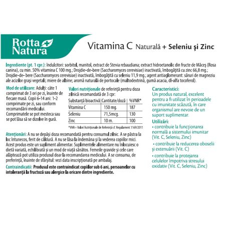 VITAMINA C Naturala + SELENIU si ZINC 30 comprimate masticabile, Rotta Natura [2]