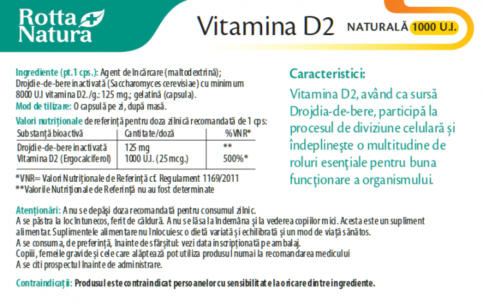 VITAMINA D2 Naturala 1000 U.I 30 capsule, Rotta Natura [2]