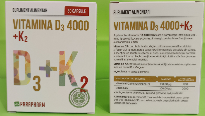 VITAMINA D3  4000UI + K2  pentru ARTICULATII 30 capsule, Parapharm [3]