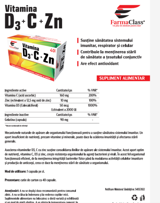 VITAMINA D3+C+ZN, 40 capsule, FarmaClass [2]