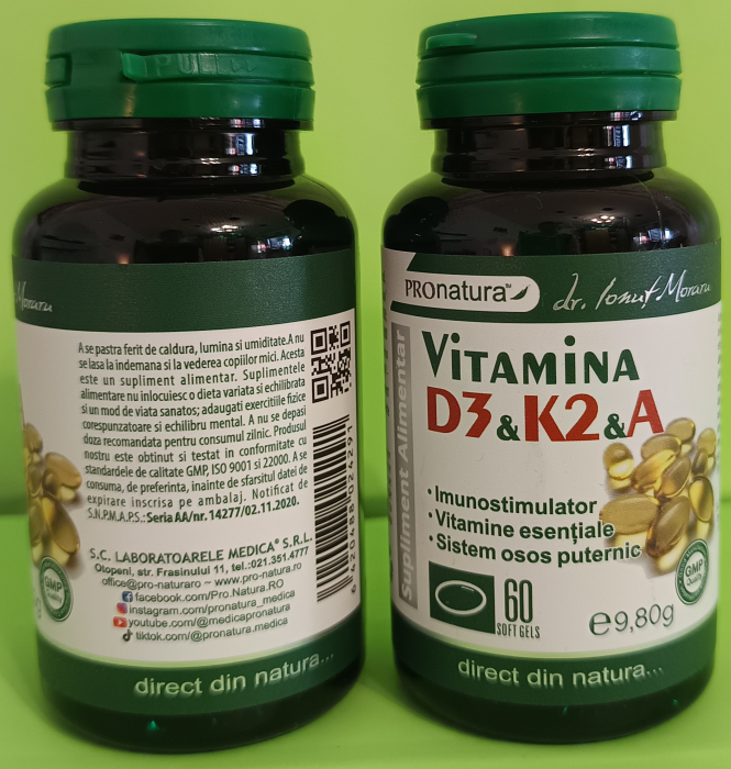 Vitamina D3 K2 A, 60 capsule gelatinoase Pro Natura Medica la Nana Plafar [2]