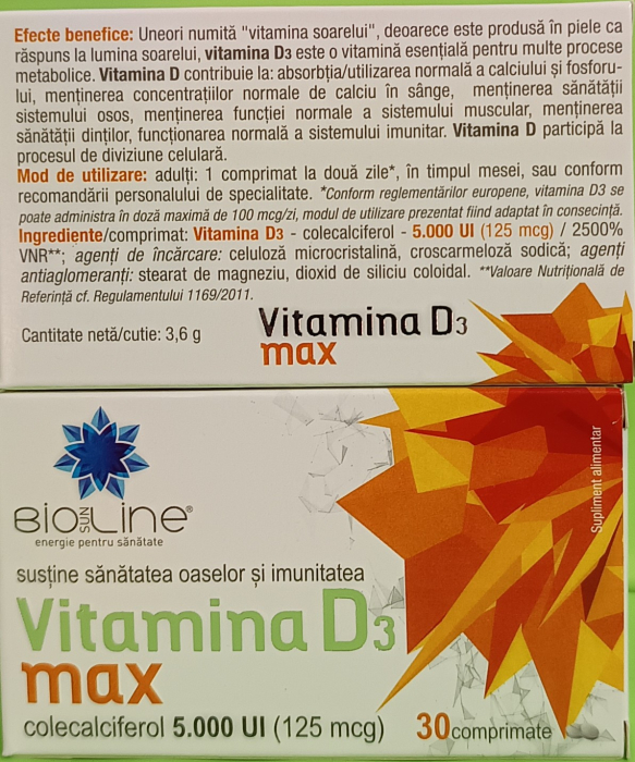 Vitamina D3 Max – sustine sanatatea oaselor si imunitatea, 30 comprimate, BioSunLine HELCOR [2]