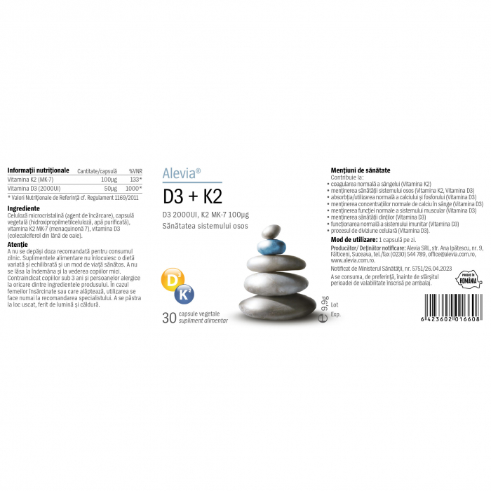 Vitamina D3 + vitamina K2, 30 capsule, Alevia [2]