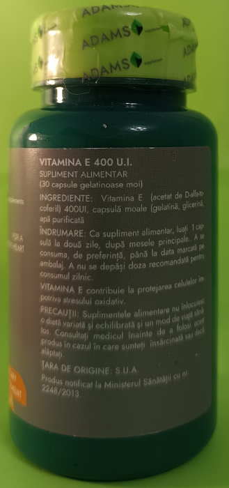 VITAMINA E-400 naturala, 30 capsule moi, Adams Supplements la Nana Plafar [3]