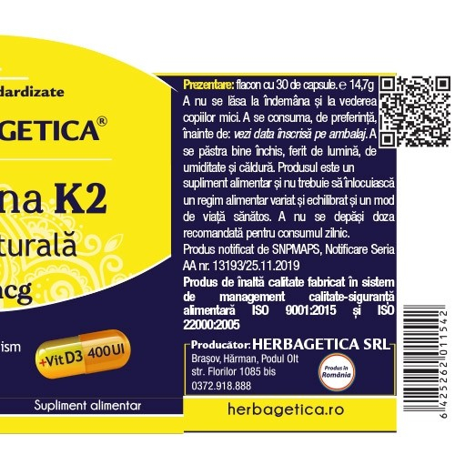 VITAMINA K2 MK7 NATURALA Herbagetica la Nana Plafar [3]