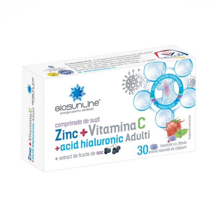 ZINC cu vitamina C si Acid Hialuronic ADULTI, 30 comprimate de supt, BioSunLine Helcor [1]