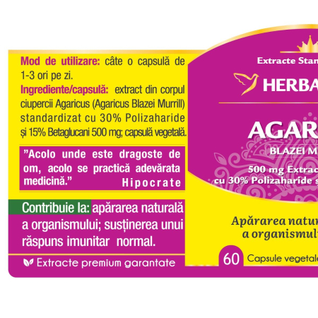 AGARICUS, 60 capsule vegetale, Herbagetica la Nana Plafar [1]