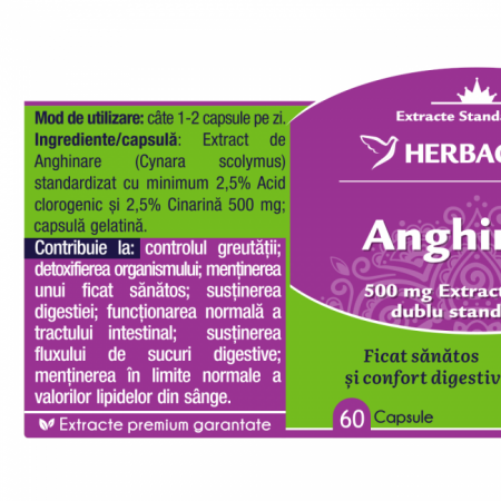 ANGHINARE EXTRACT 500mg 60 capsule, Herbagetica [1]
