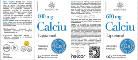 Calciu Lipozomal, 600 mg, 60 capsule vegetale gastrorezistente, BioSunLine la Nana Plafar [1]
