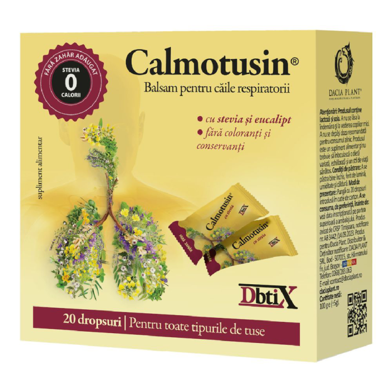 CALMOTUSIN cu STEVIE, EUCALIPT dbtix, 20 dropsuri, Dacia Plant