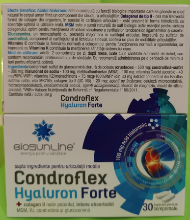 CONDROFLEX HYALURON FORTE cu Acid Hialuronic si Colagen, 30 comprimate, BioSunLine Helcor  la Nana Plafar [1]