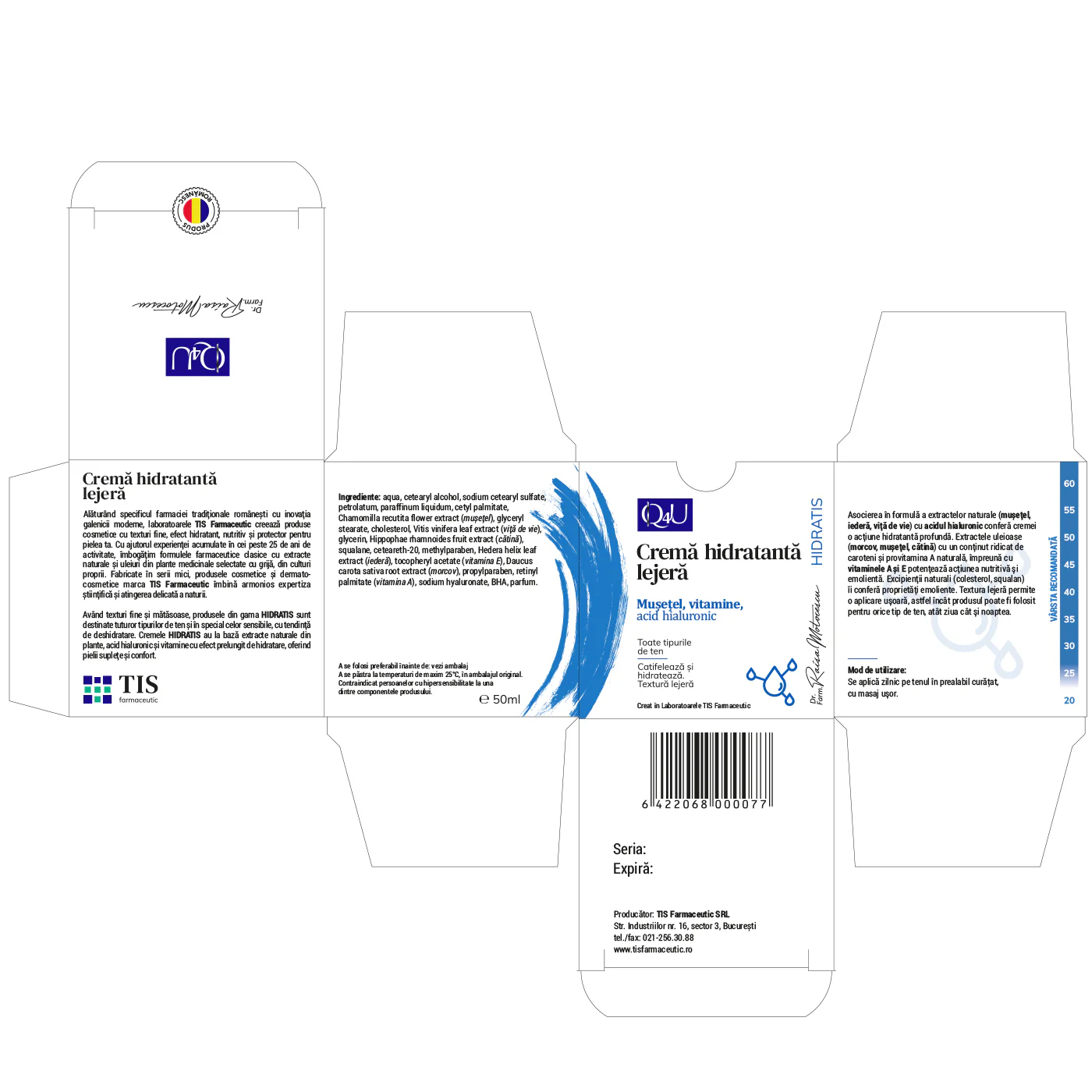 CREMA de FATA HIDRATANTA LEJERA cu MUSETEL VITAMINE ACID HIALURONIC, 50ml, TIS Farmaceutic [1]