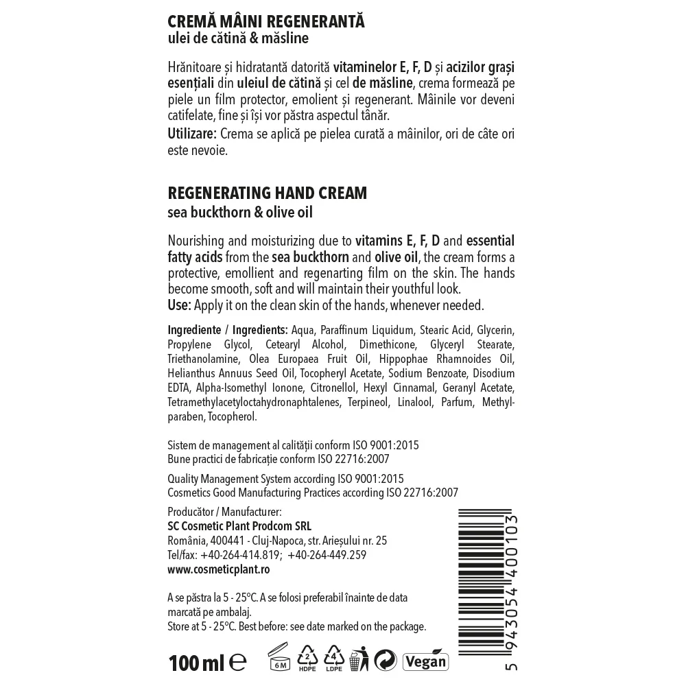 CREMA de MAINI REGENERANTA cu Ulei de Catina si Masline 100 ml Cosmetic Plant la Nana Plafar [1]